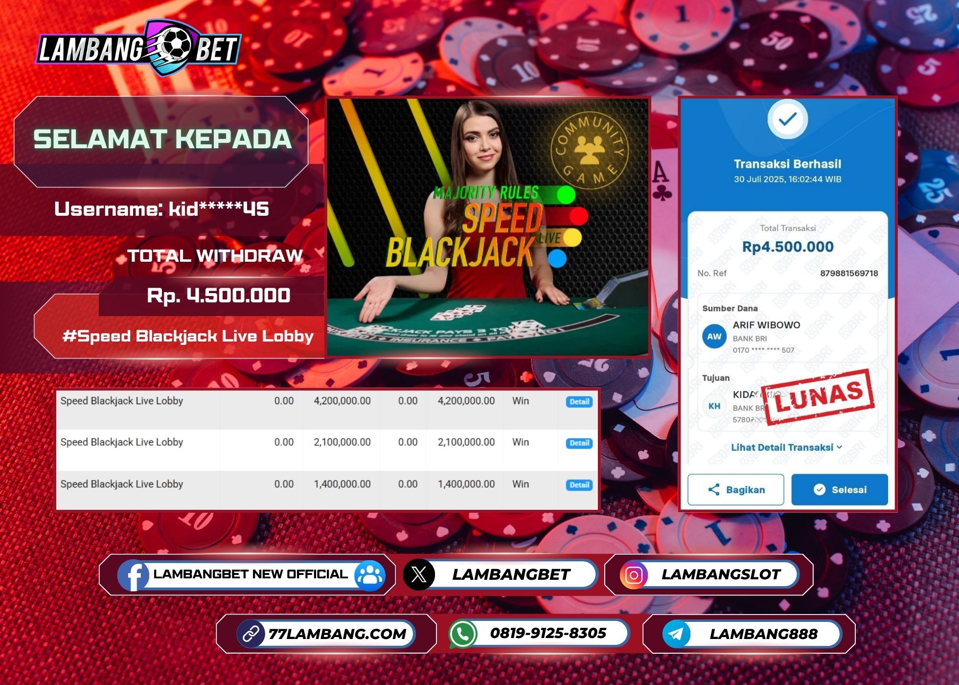 LAMBANGBET [30 JULY 2025] JACKPOT LIVE CASINO Blackjack "Rp4.500.000" LUNAS